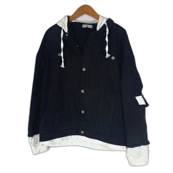 Polo Mano NWT Black & White Hooded Denim Cotton Jean Jacket Size LG - Picture 1 of 10
